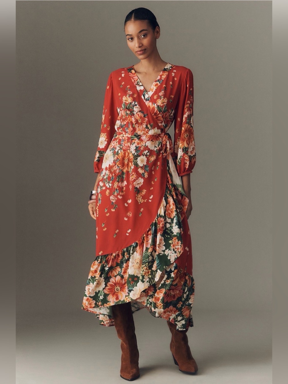 NWT Farm Rio Floral Wrap Midi Dress in Rust Red